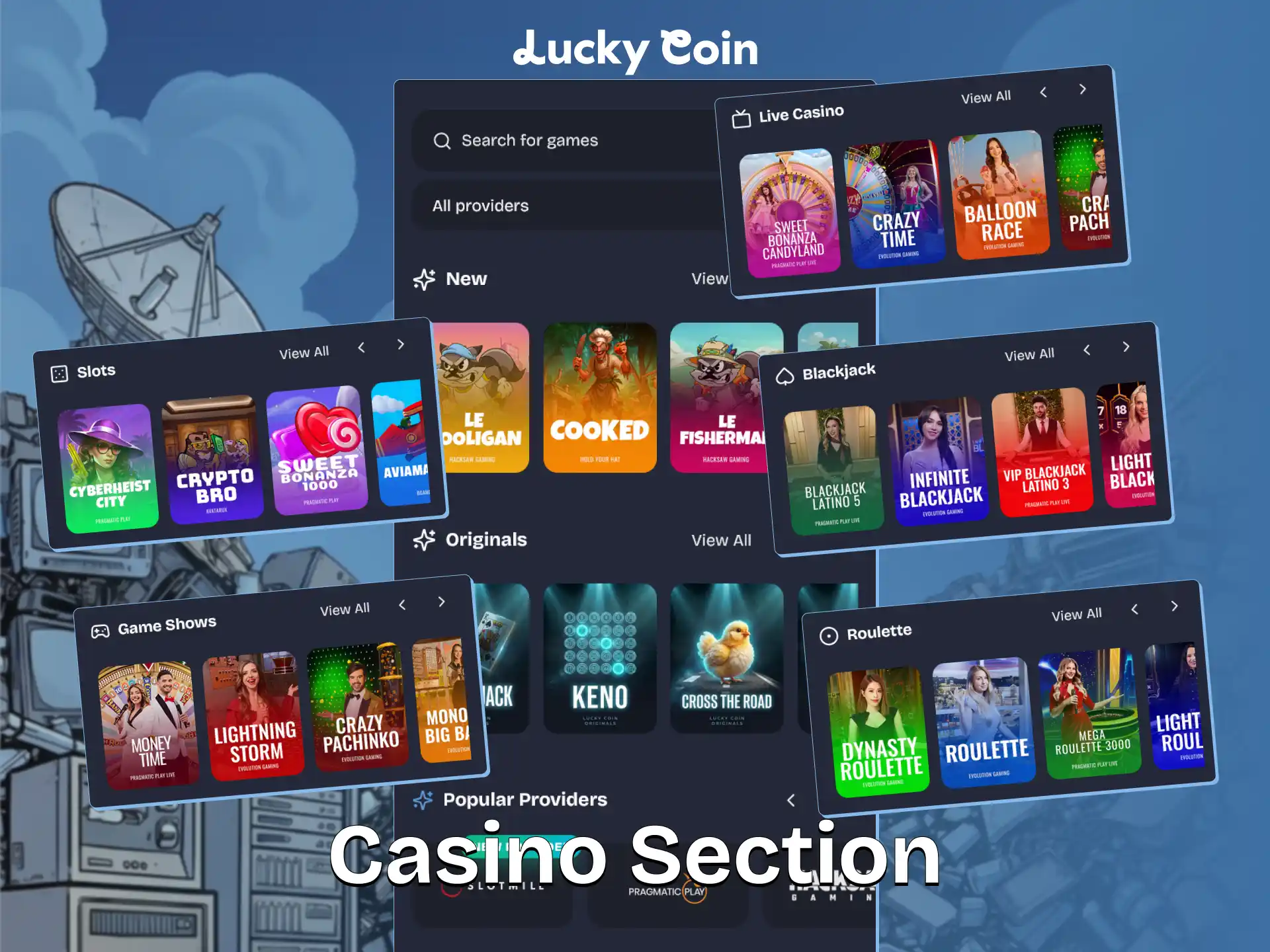 Play exciting casino games in the portable Lucky Coin App.
