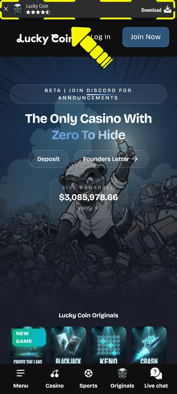 Click the installation link to get the Lucky Coin Android app.