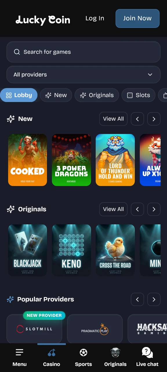 Play exciting casino games directly inside the Lucky Coin app today.