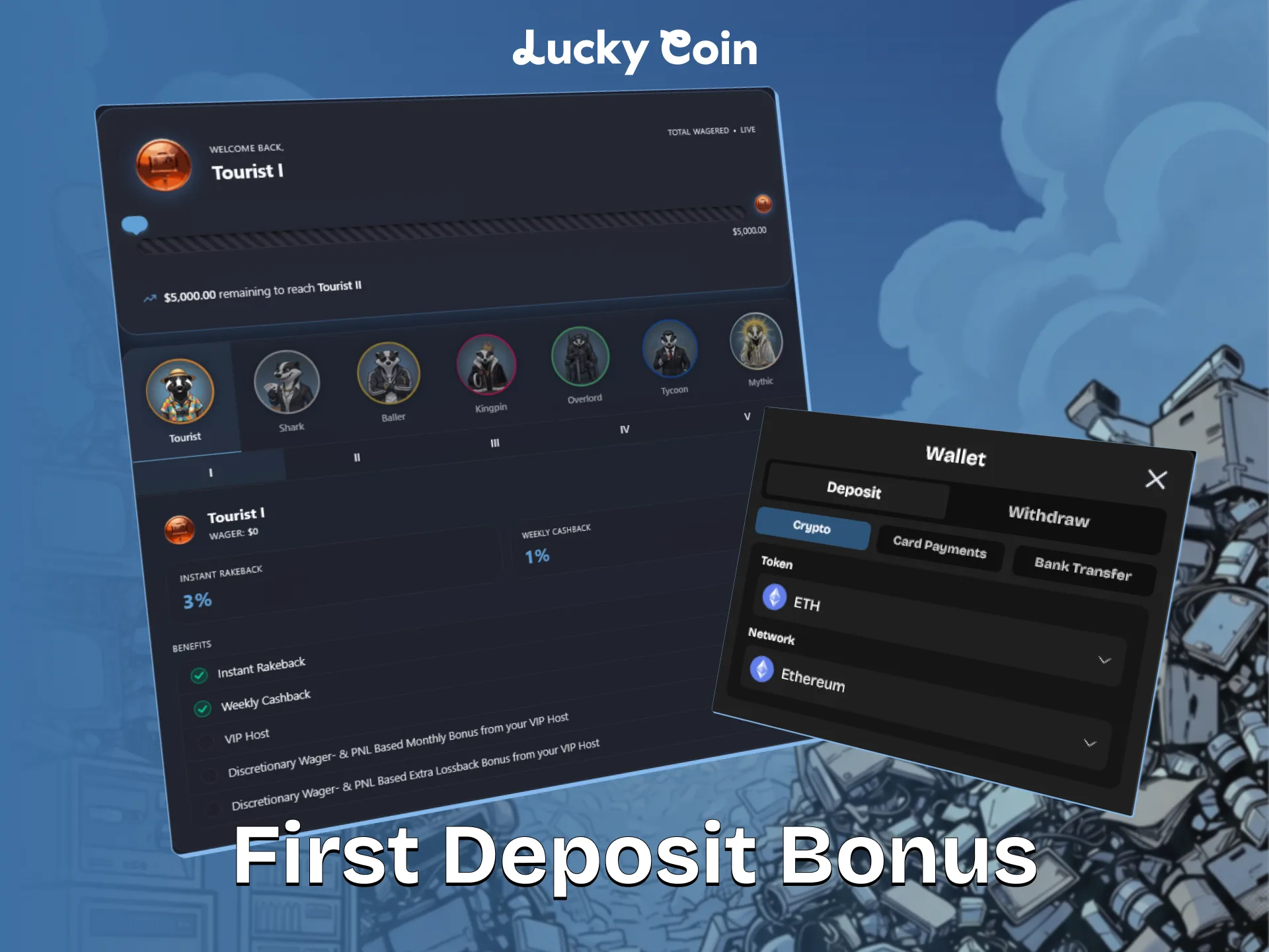 Claim your Lucky Coin first deposit bonus and join Degen Club.