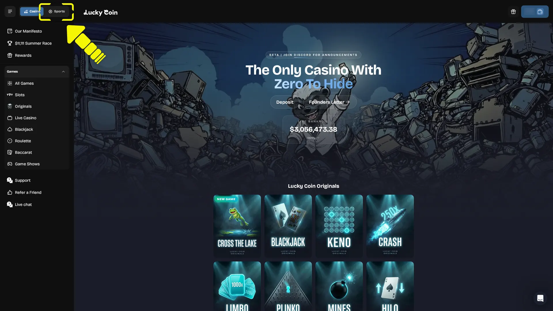 Visit the Lucky Coin sportsbook section to start your bet setup.