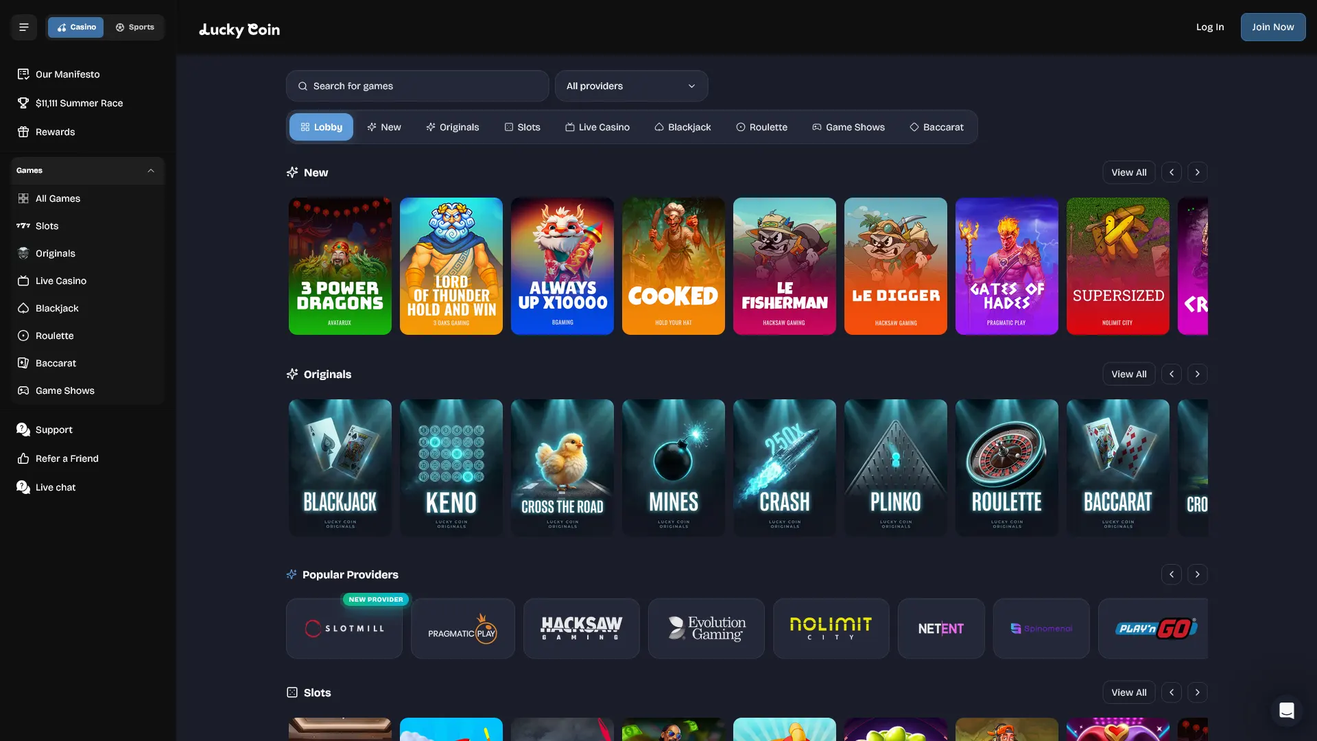Play popular slots and table games at Lucky Coin online casino.