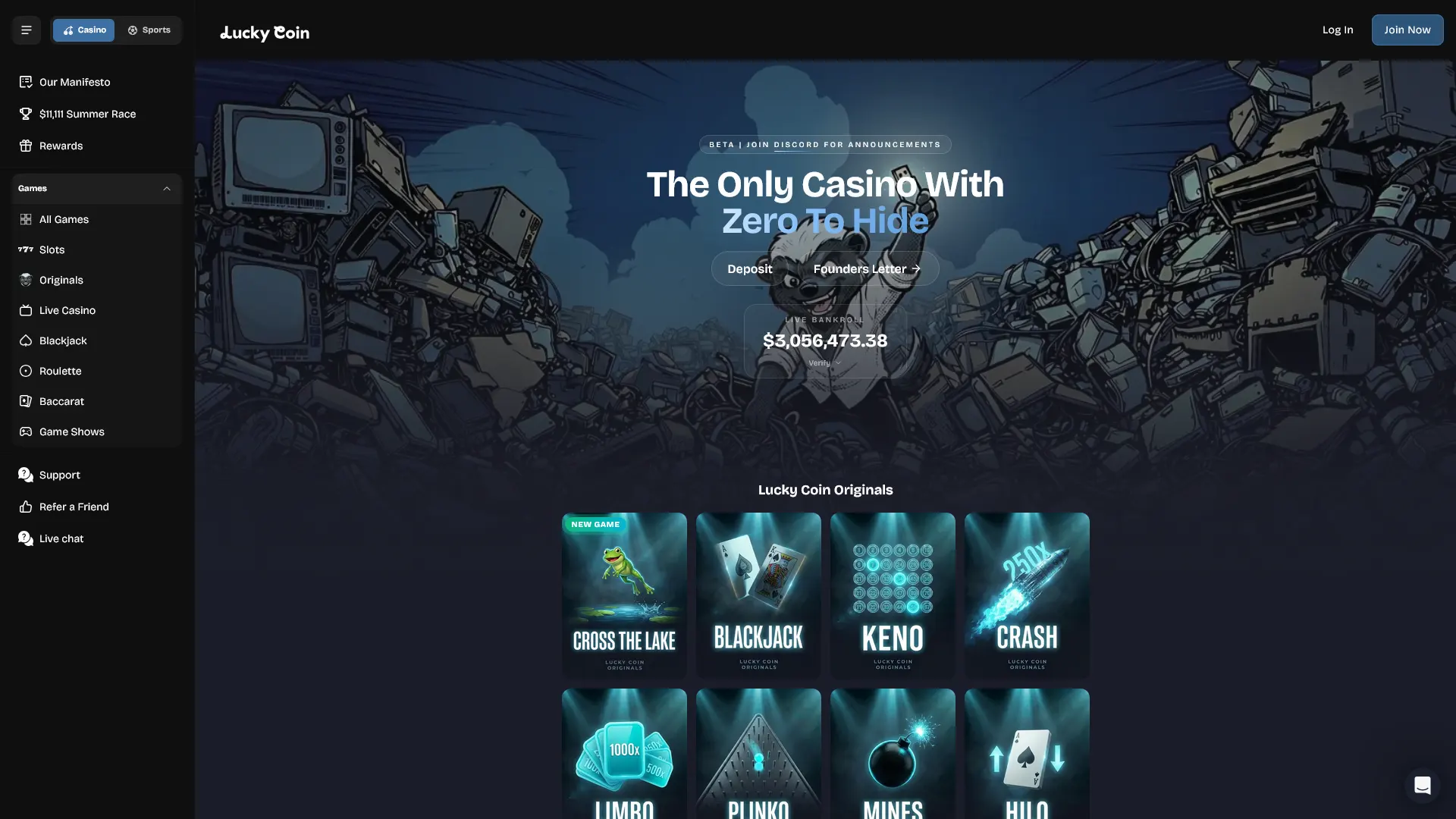 Explore the main interface of the Lucky Coin online casino website.