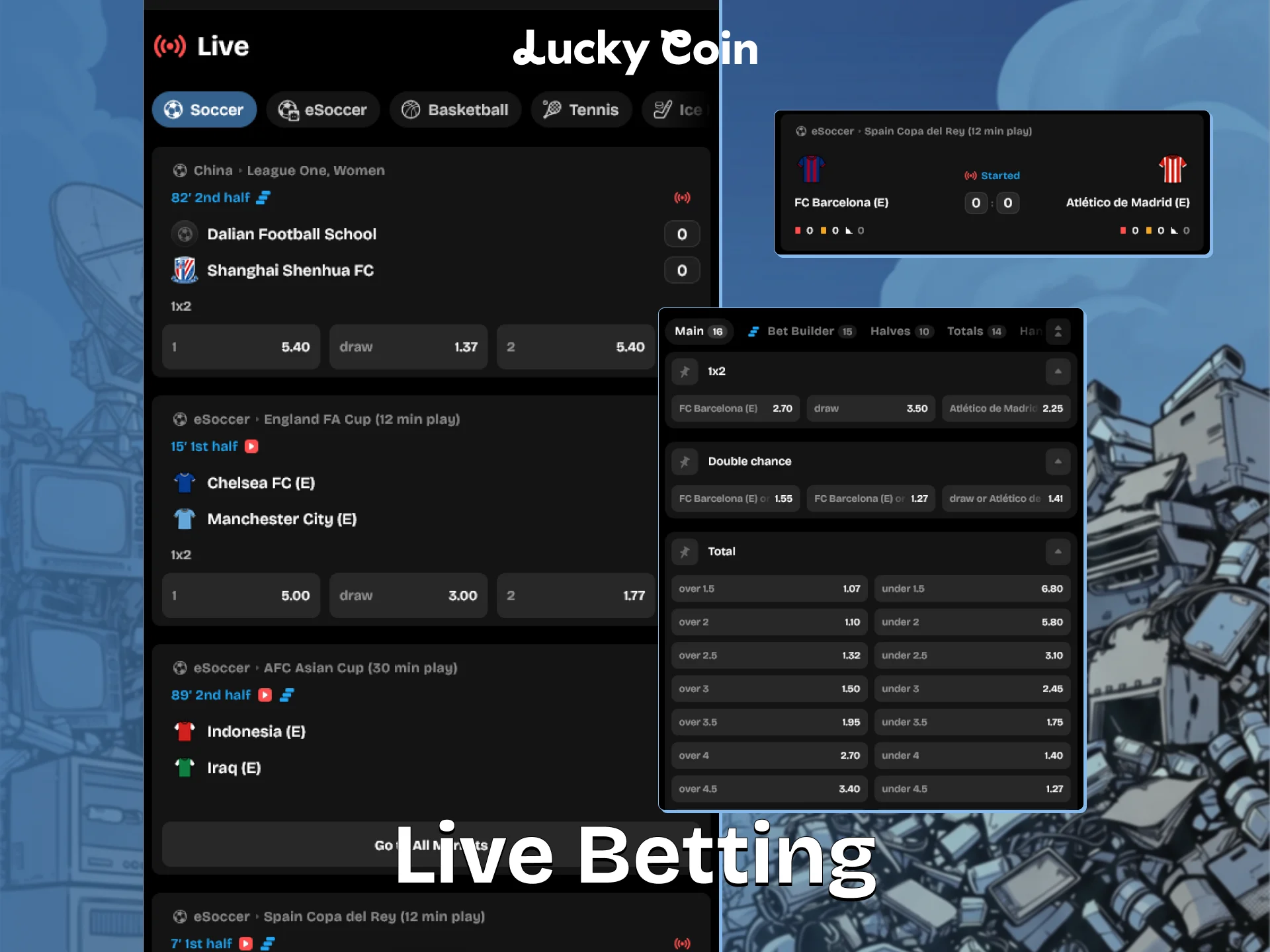 Place in-play wagers on dynamic matches via Lucky Coin sports.