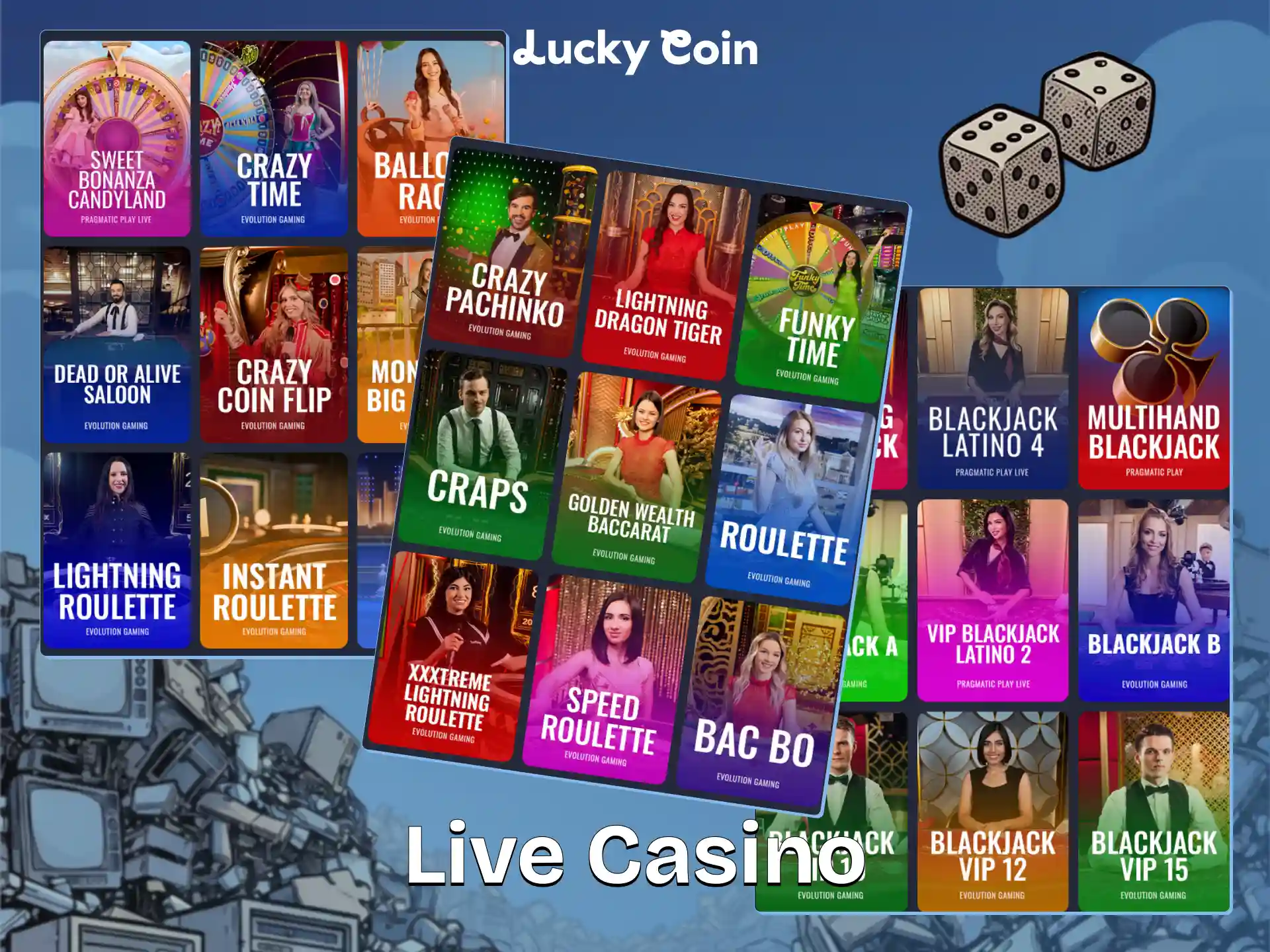 Join real dealer tables at the Lucky Coin online casino.