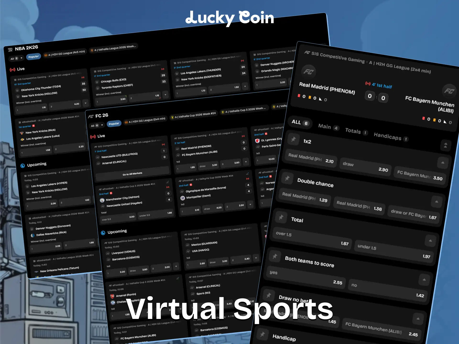 Bet on simulated football matches through Lucky Coin sports betting.