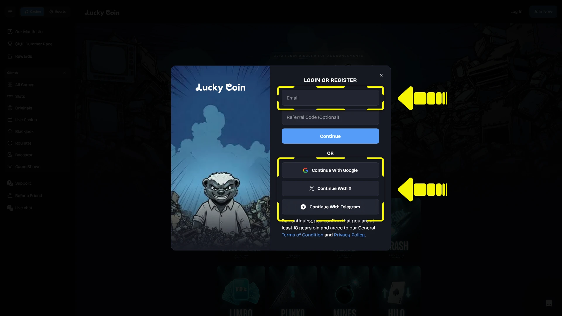 Select your preferred registration method for a Lucky Coin account.