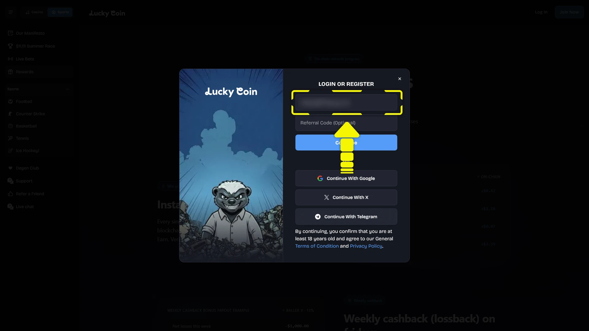 Fill out the registration form to complete your Lucky Coin profile.