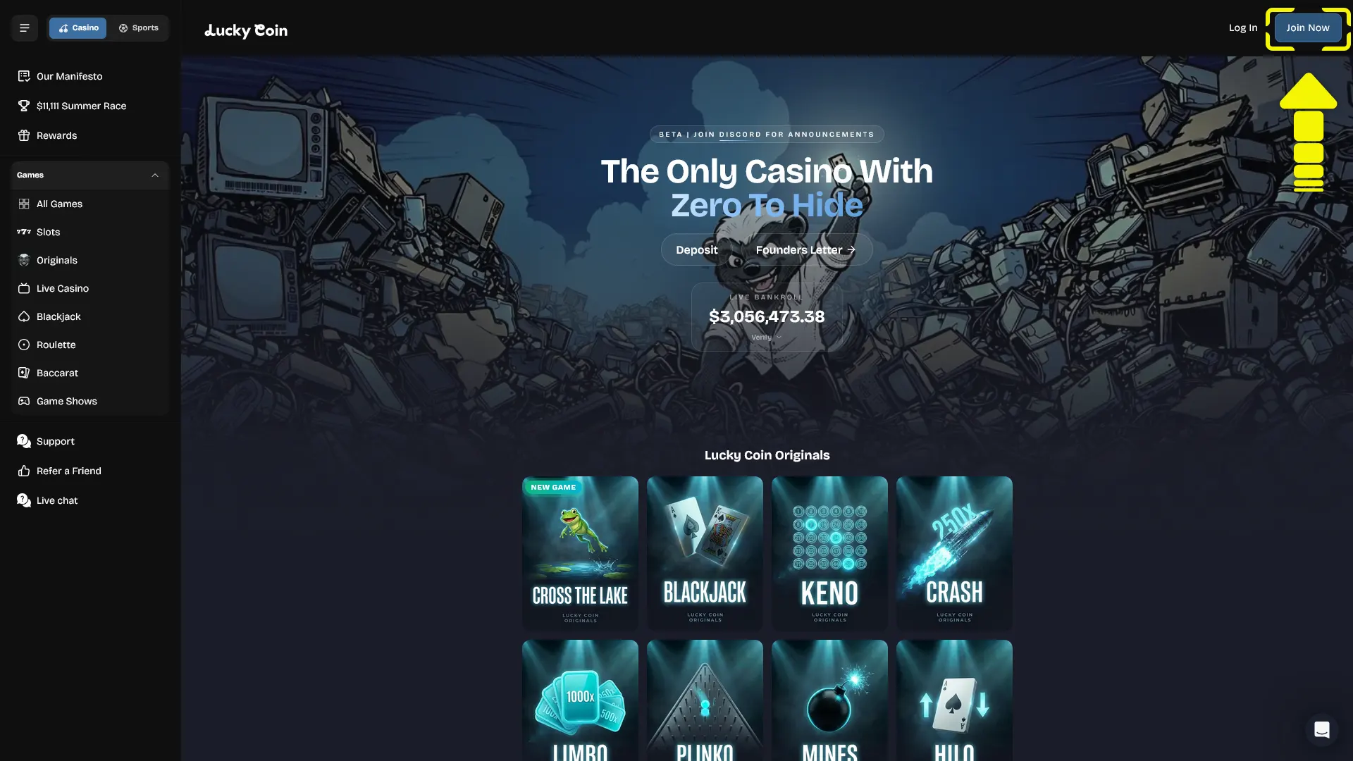 Click the registration button to create your Lucky Coin account.