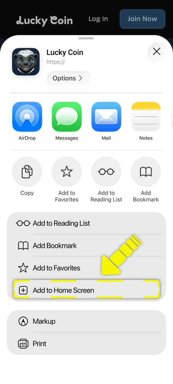 Add the Lucky Coin registration app to your device home screen.