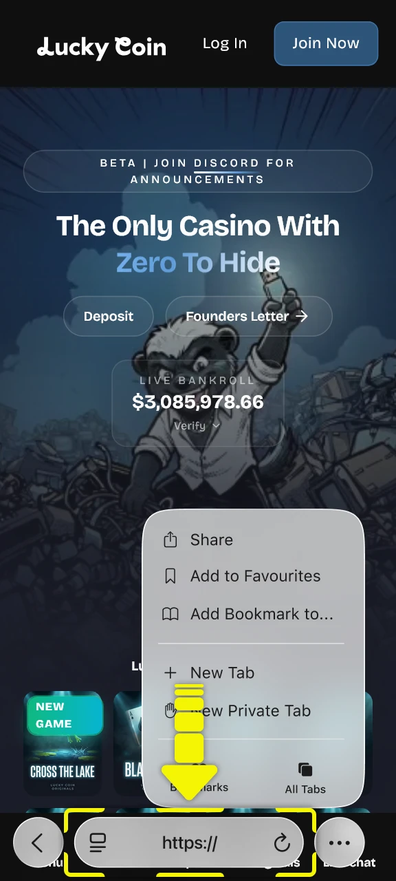 Launch your mobile browser to start the Lucky Coin app registration.
