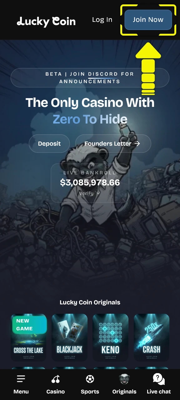 Click the registration button inside the Lucky Coin mobile app.